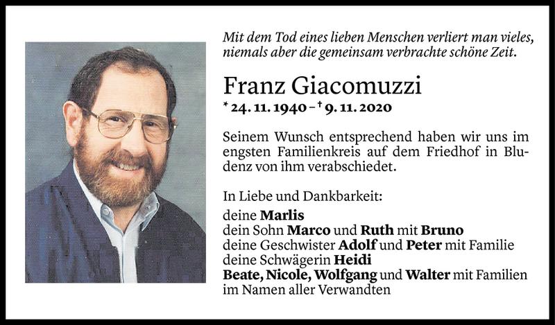  Todesanzeige für Franz Giacomuzzi vom 21.11.2020 aus Vorarlberger Nachrichten