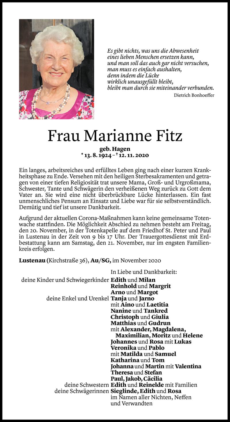  Todesanzeige für Marianne Fitz vom 18.11.2020 aus Vorarlberger Nachrichten