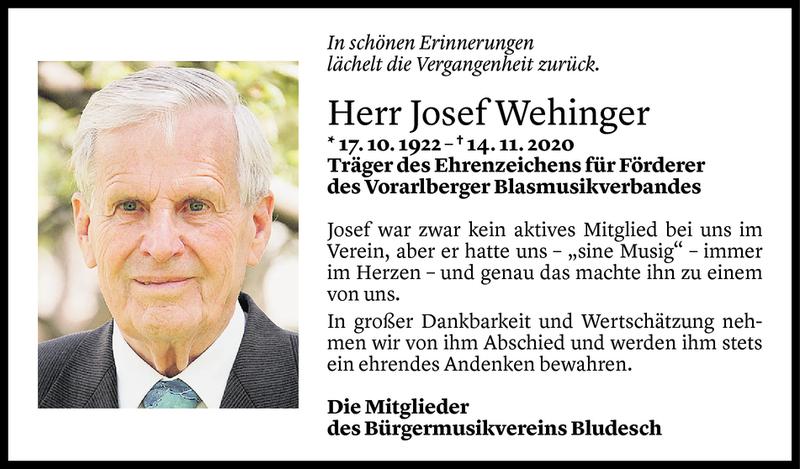  Todesanzeige für Josef Wehinger vom 18.11.2020 aus Vorarlberger Nachrichten