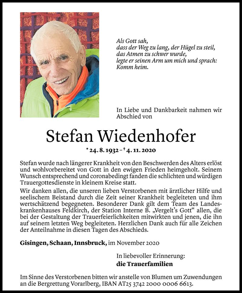  Todesanzeige für Stefan Wiedenhofer vom 21.11.2020 aus Vorarlberger Nachrichten