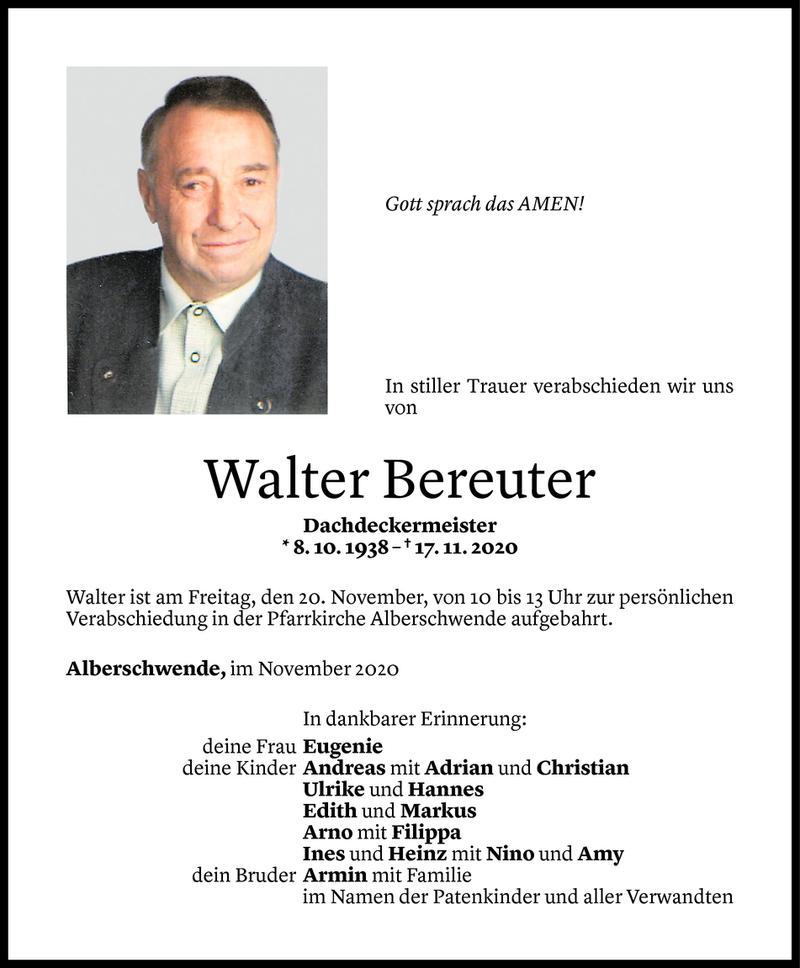  Todesanzeige für Walter Bereuter vom 18.11.2020 aus Vorarlberger Nachrichten