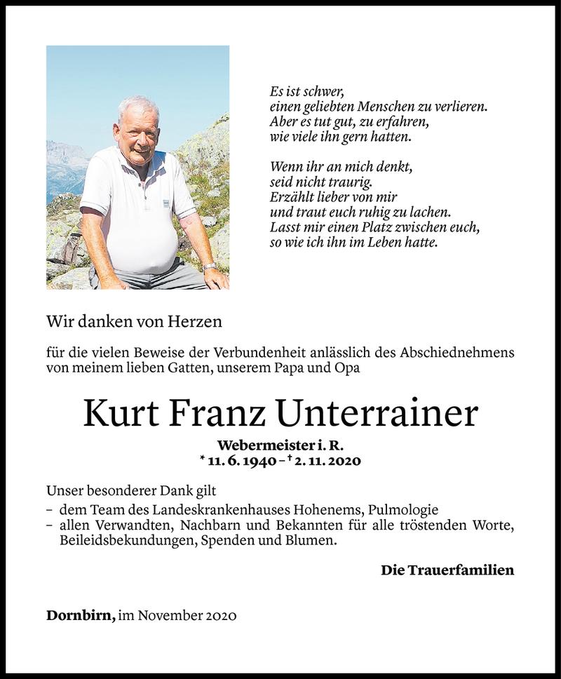  Todesanzeige für Kurt Unterrainer vom 21.11.2020 aus Vorarlberger Nachrichten