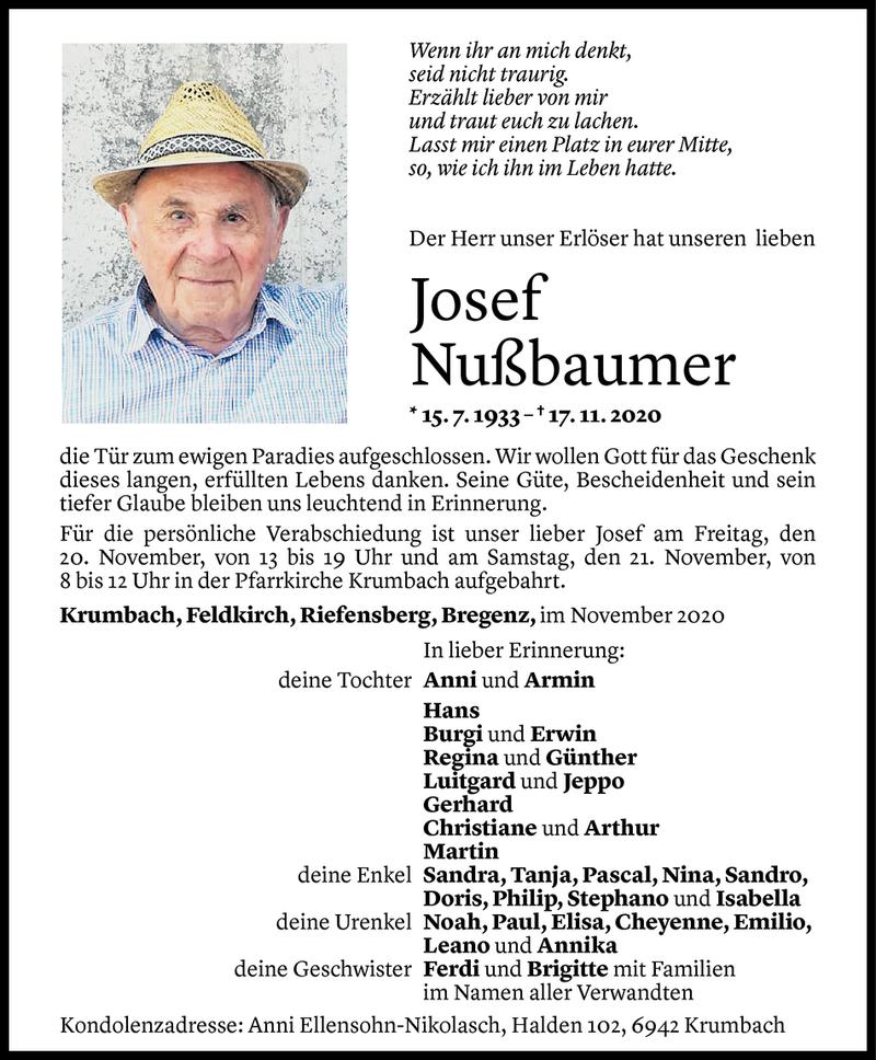  Todesanzeige für Josef Nußbaumer vom 18.11.2020 aus Vorarlberger Nachrichten