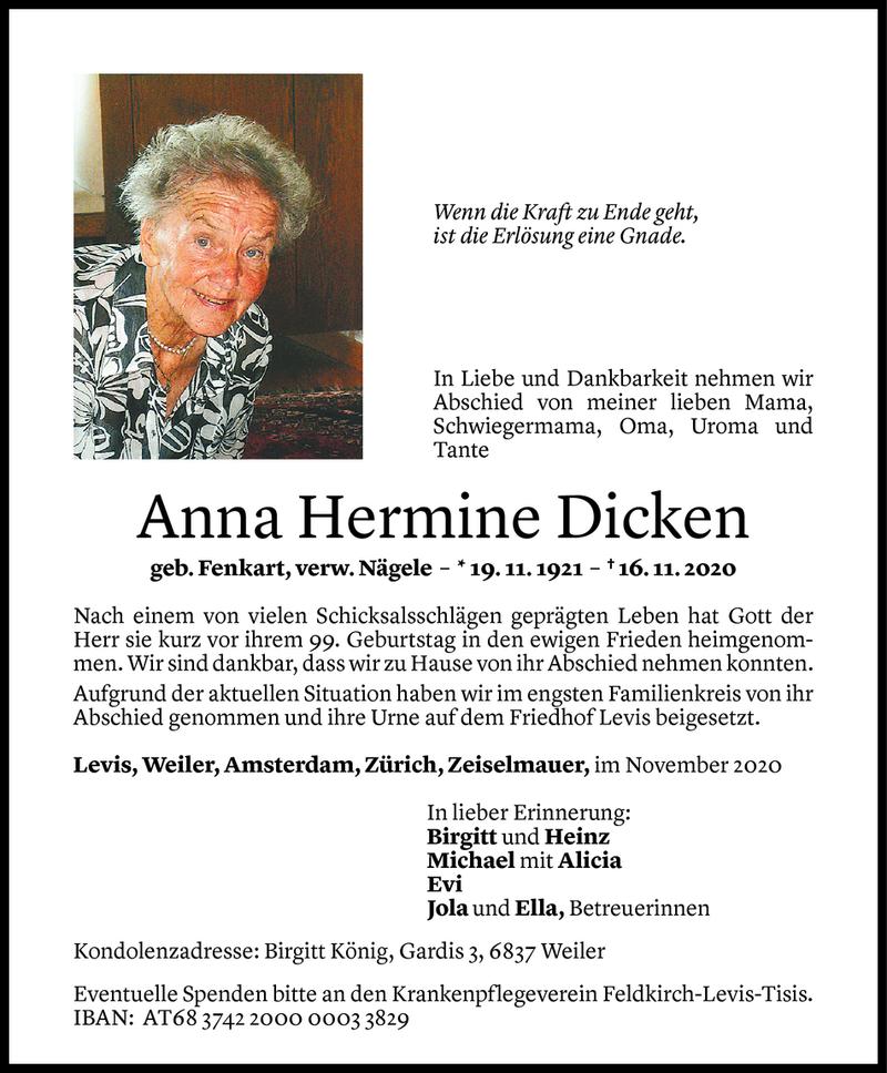  Todesanzeige für Anna Hermine Dicken vom 21.11.2020 aus Vorarlberger Nachrichten