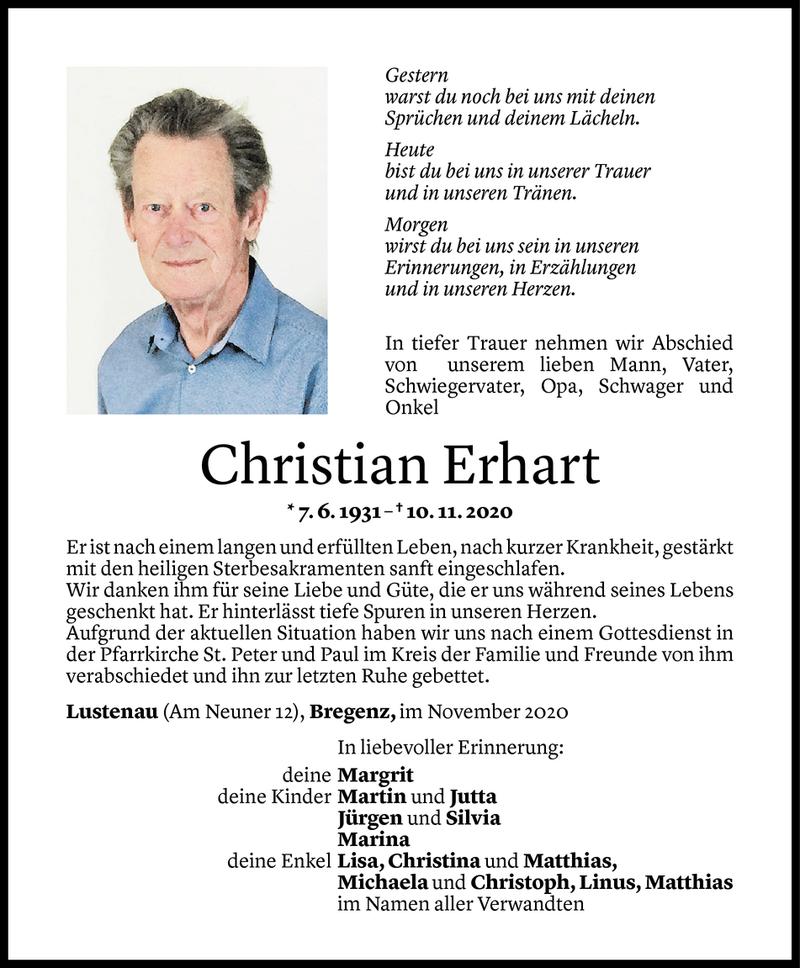  Todesanzeige für Christian Erhart vom 21.11.2020 aus Vorarlberger Nachrichten