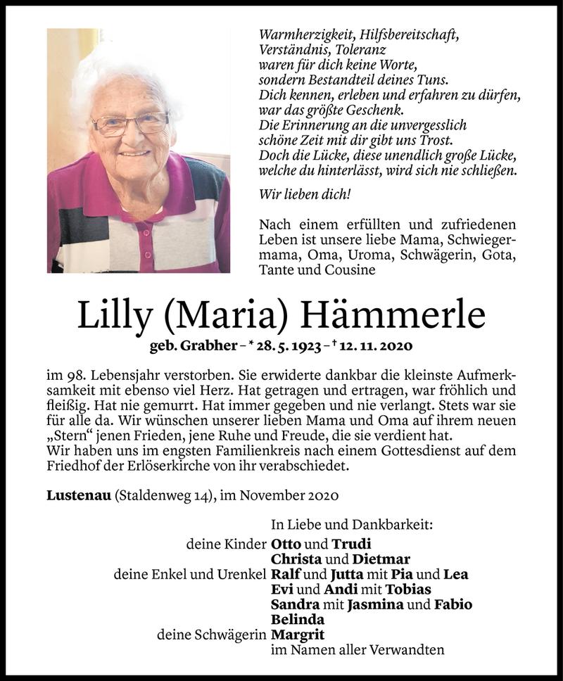  Todesanzeige für Lilly Hämmerle vom 21.11.2020 aus Vorarlberger Nachrichten