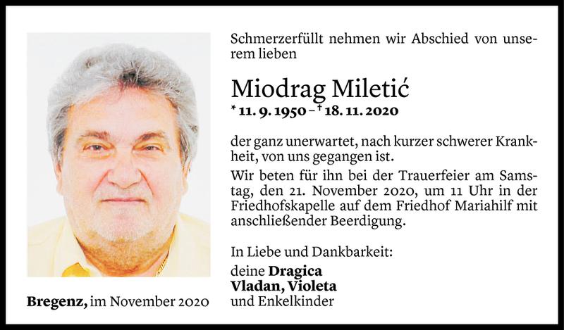  Todesanzeige für Miodrag Miletic vom 19.11.2020 aus Vorarlberger Nachrichten