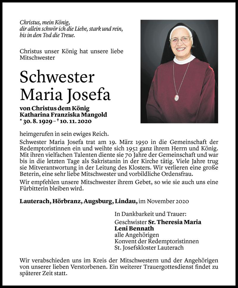  Todesanzeige für Katharina Maria Mangold vom 21.11.2020 aus Vorarlberger Nachrichten