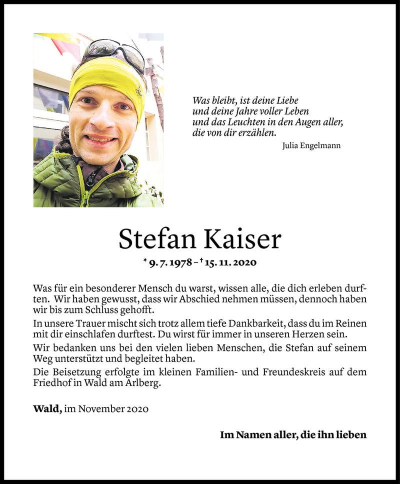  Todesanzeige für Stefan Kaiser vom 21.11.2020 aus Vorarlberger Nachrichten