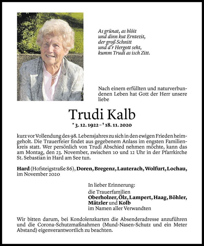  Todesanzeige für Trudi Kalb vom 20.11.2020 aus Vorarlberger Nachrichten