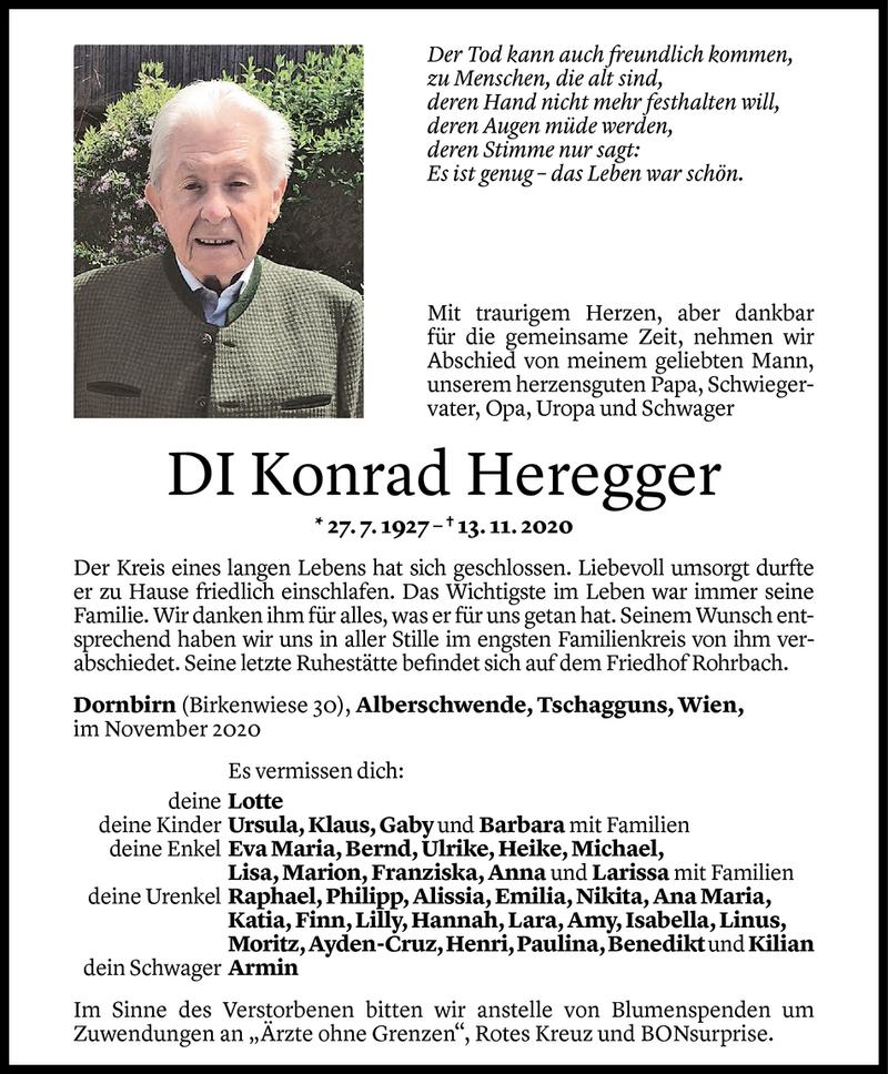  Todesanzeige für Konrad Heregger vom 23.11.2020 aus Vorarlberger Nachrichten