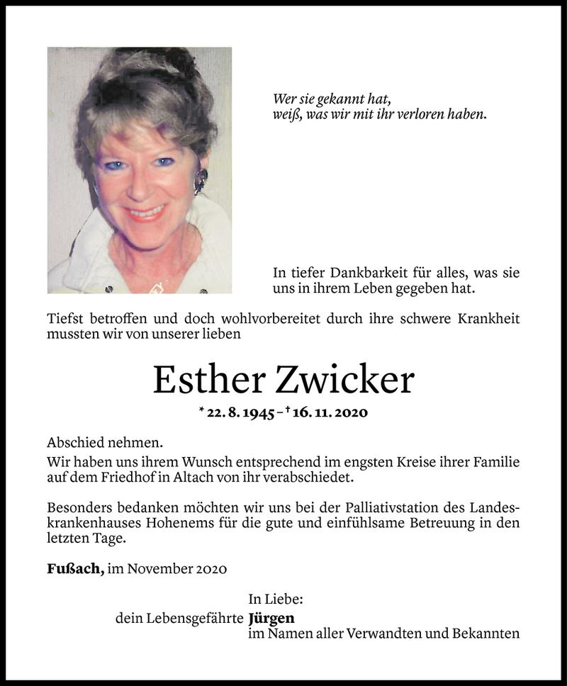  Todesanzeige für Esther Zwicker vom 21.11.2020 aus Vorarlberger Nachrichten