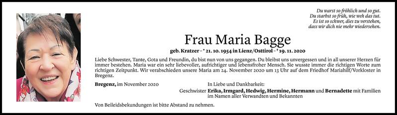  Todesanzeige für Maria Bagge vom 20.11.2020 aus Vorarlberger Nachrichten