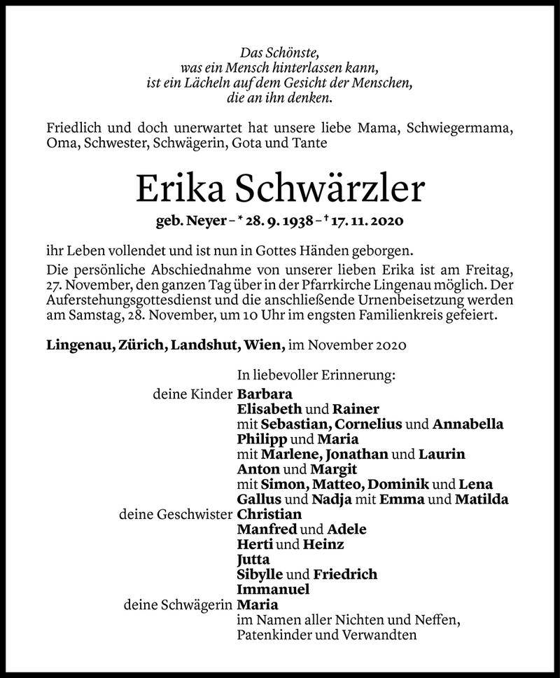  Todesanzeige für Erika Schwärzler vom 21.11.2020 aus Vorarlberger Nachrichten