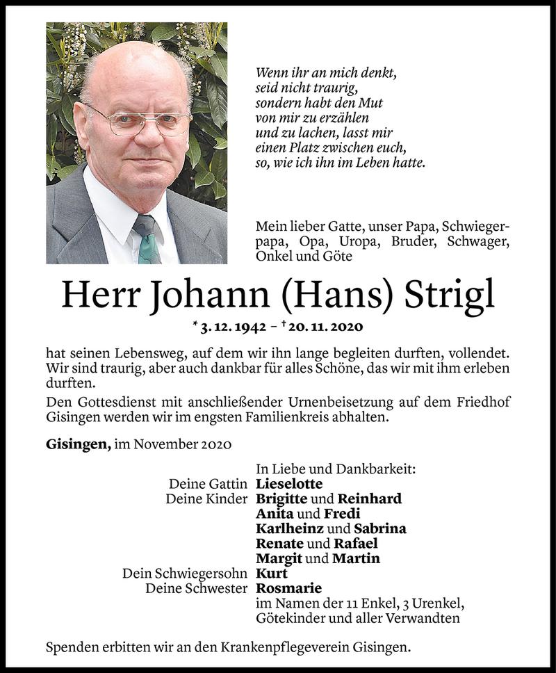  Todesanzeige für Johann Strigl vom 24.11.2020 aus Vorarlberger Nachrichten