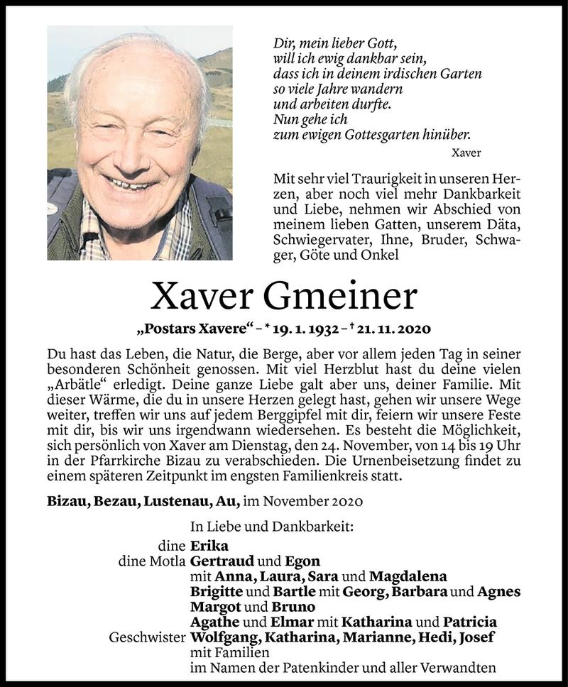  Todesanzeige für Xaver Gmeiner vom 23.11.2020 aus Vorarlberger Nachrichten