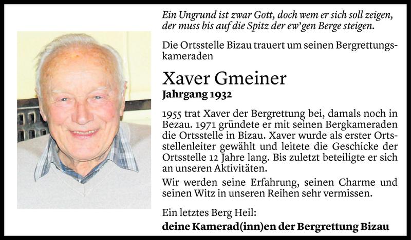  Todesanzeige für Xaver Gmeiner vom 23.11.2020 aus Vorarlberger Nachrichten