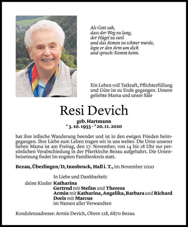  Todesanzeige für Resi Devich vom 23.11.2020 aus Vorarlberger Nachrichten