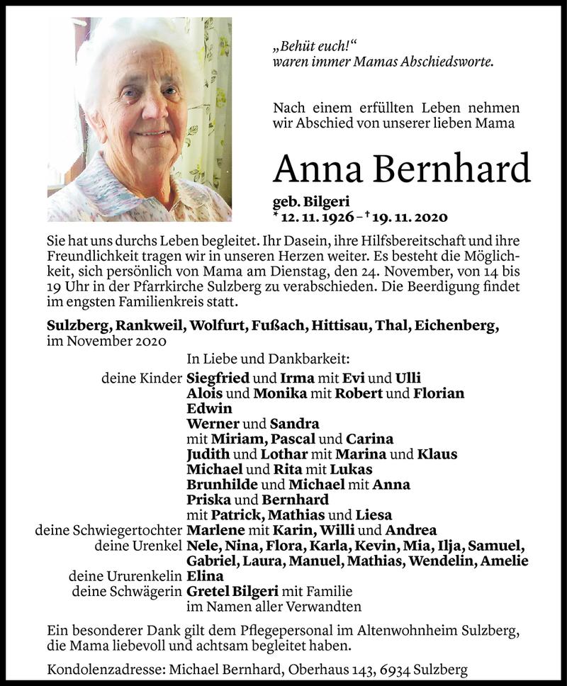  Todesanzeige für Anna Bernhard vom 23.11.2020 aus Vorarlberger Nachrichten