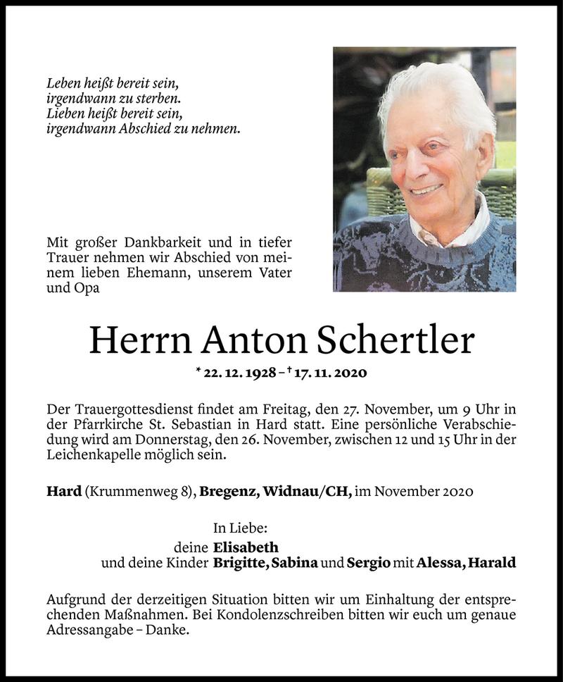  Todesanzeige für Anton Schertler vom 23.11.2020 aus Vorarlberger Nachrichten