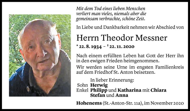  Todesanzeige für Theodor Messner vom 24.11.2020 aus Vorarlberger Nachrichten