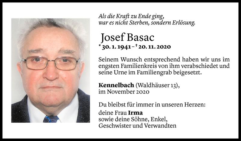  Todesanzeige für Josef Basac vom 26.11.2020 aus Vorarlberger Nachrichten