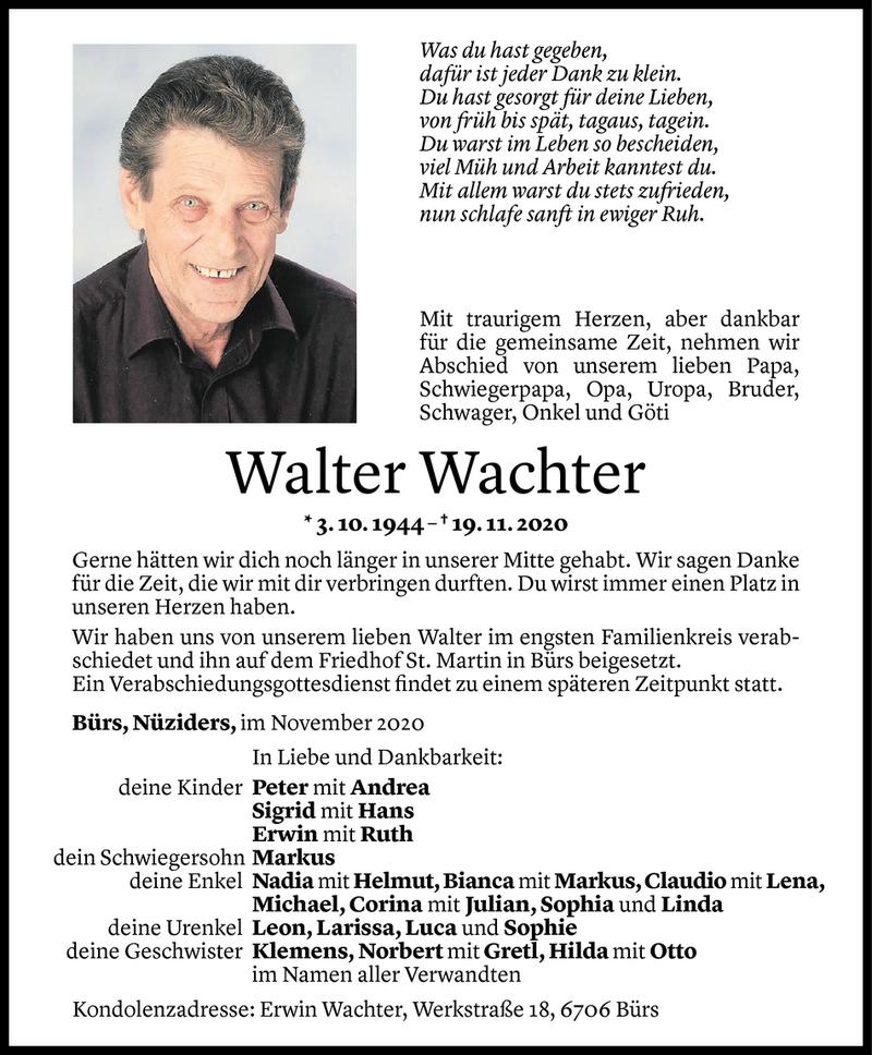  Todesanzeige für Walter Wachter vom 26.11.2020 aus Vorarlberger Nachrichten