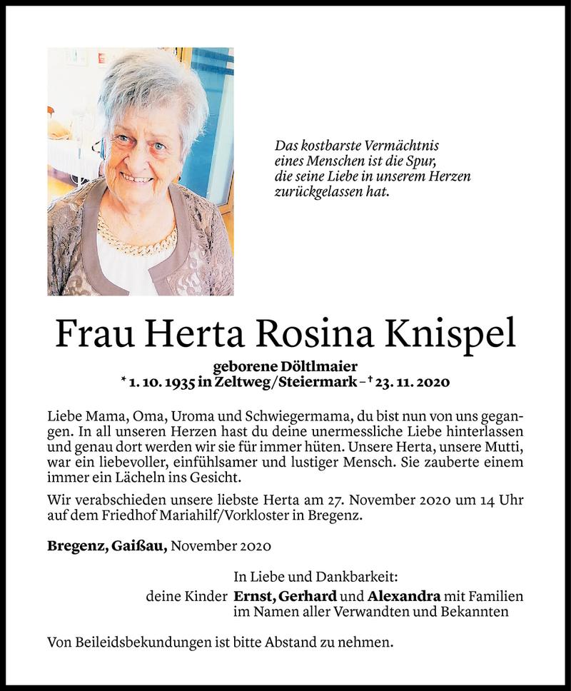  Todesanzeige für Herta Rosina Knispel vom 24.11.2020 aus Vorarlberger Nachrichten