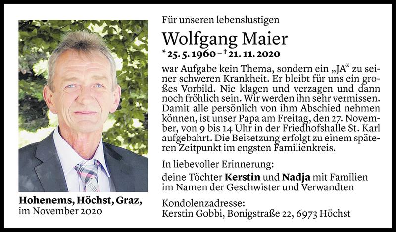  Todesanzeige für Wolfgang Maier vom 25.11.2020 aus Vorarlberger Nachrichten