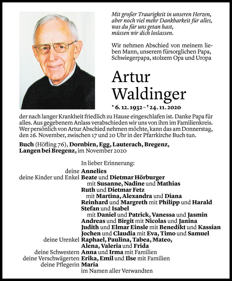  Todesanzeige für Artur Waldinger vom 25.11.2020 aus Vorarlberger Nachrichten