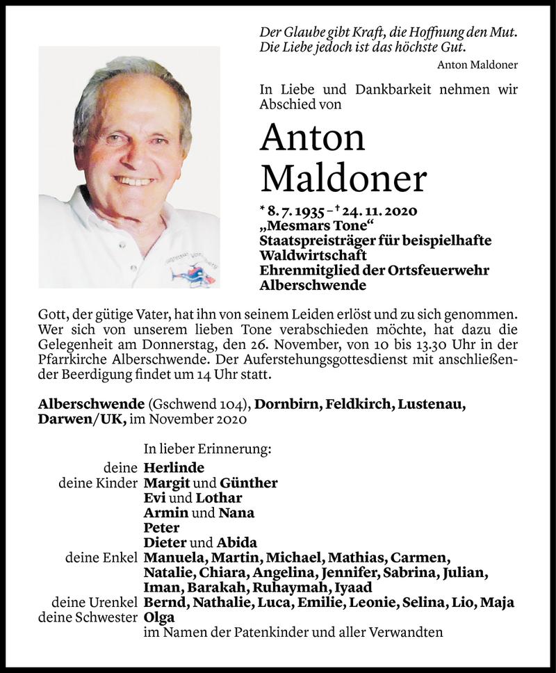  Todesanzeige für Anton Maldoner vom 24.11.2020 aus Vorarlberger Nachrichten