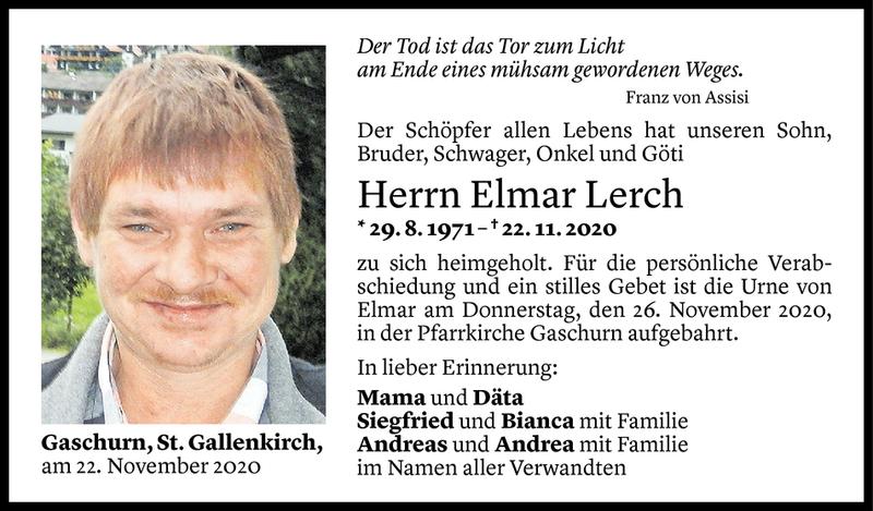  Todesanzeige für Elmar Lerch vom 24.11.2020 aus Vorarlberger Nachrichten