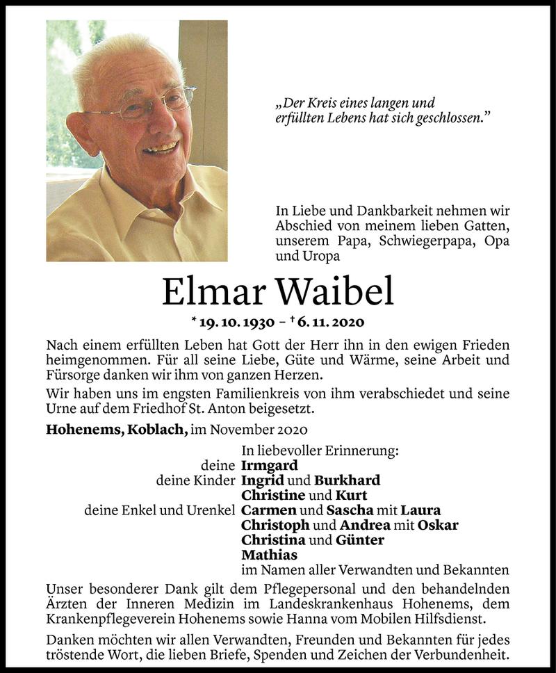  Todesanzeige für Elmar Waibel vom 28.11.2020 aus Vorarlberger Nachrichten