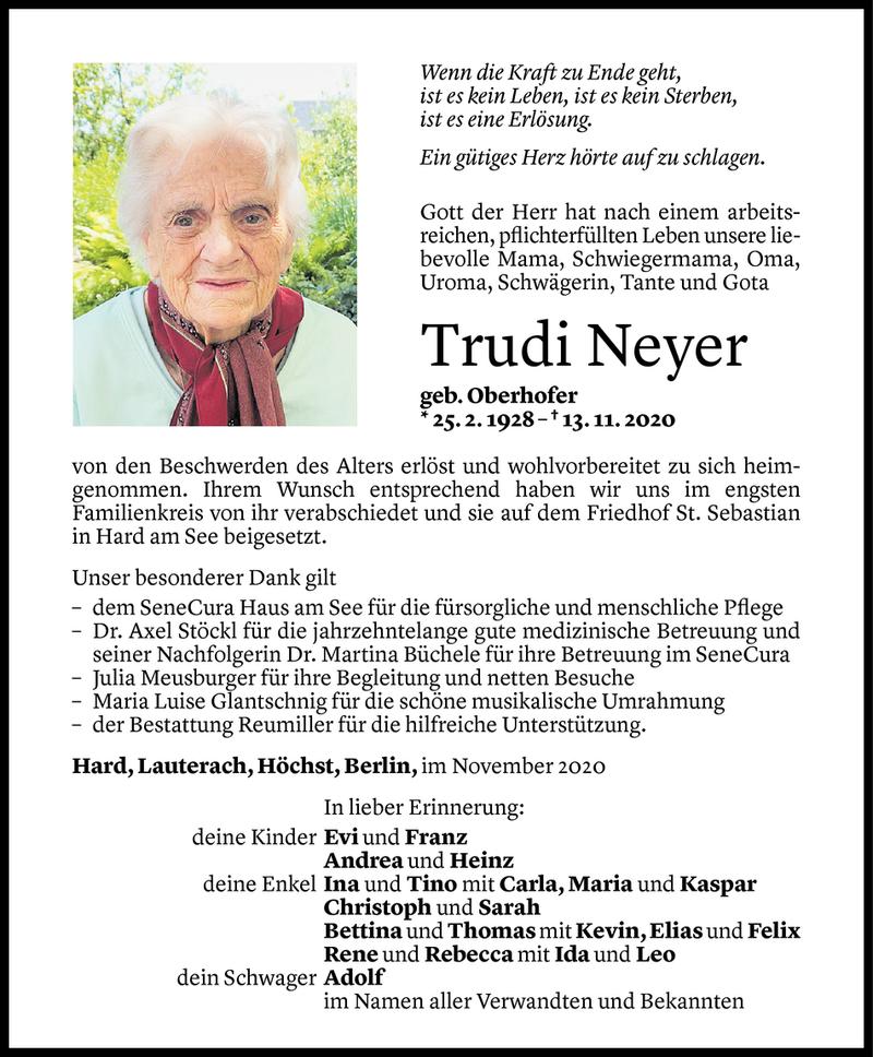  Todesanzeige für Trudi Neyer vom 27.11.2020 aus Vorarlberger Nachrichten