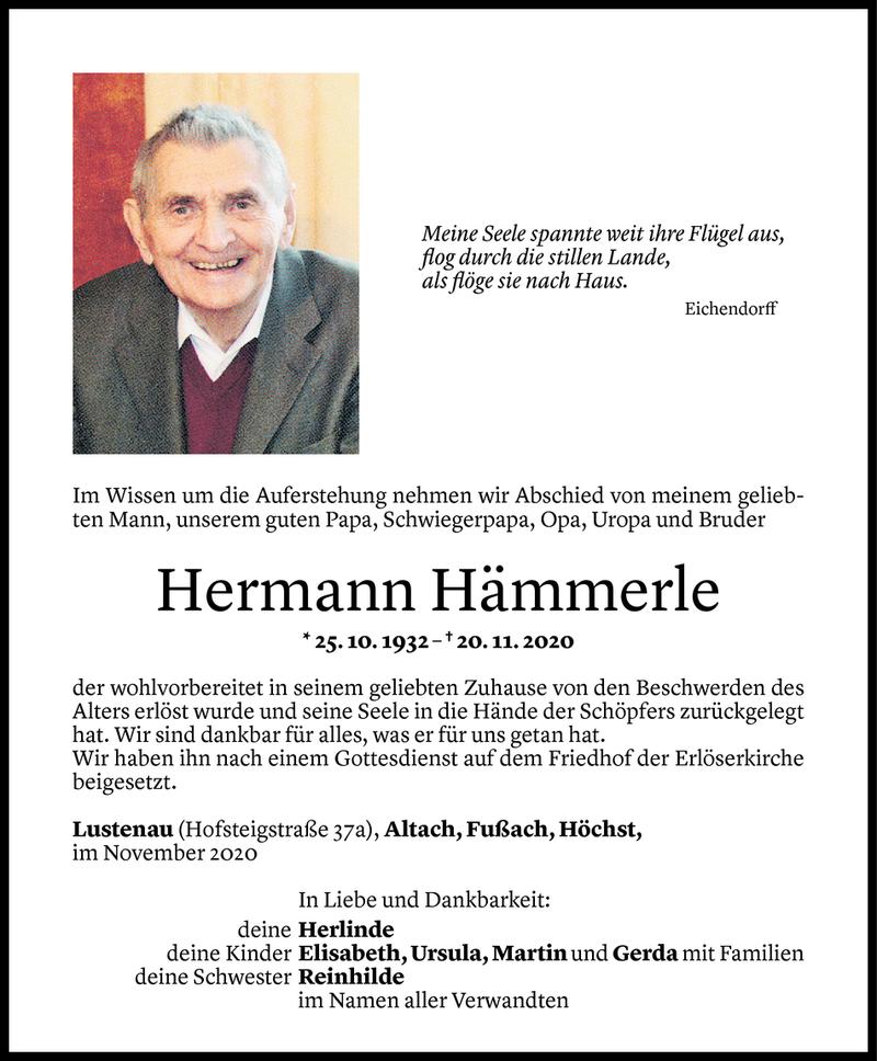  Todesanzeige für Hermann Hämmerle vom 26.11.2020 aus Vorarlberger Nachrichten