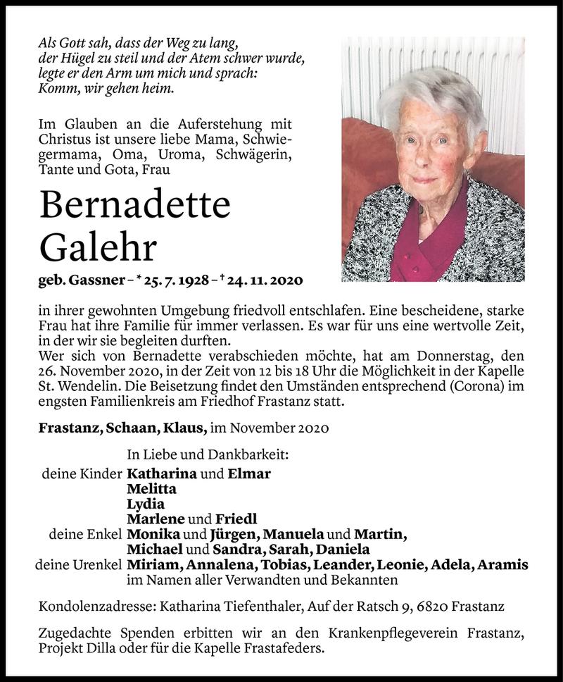  Todesanzeige für Bernadette Galehr vom 25.11.2020 aus Vorarlberger Nachrichten