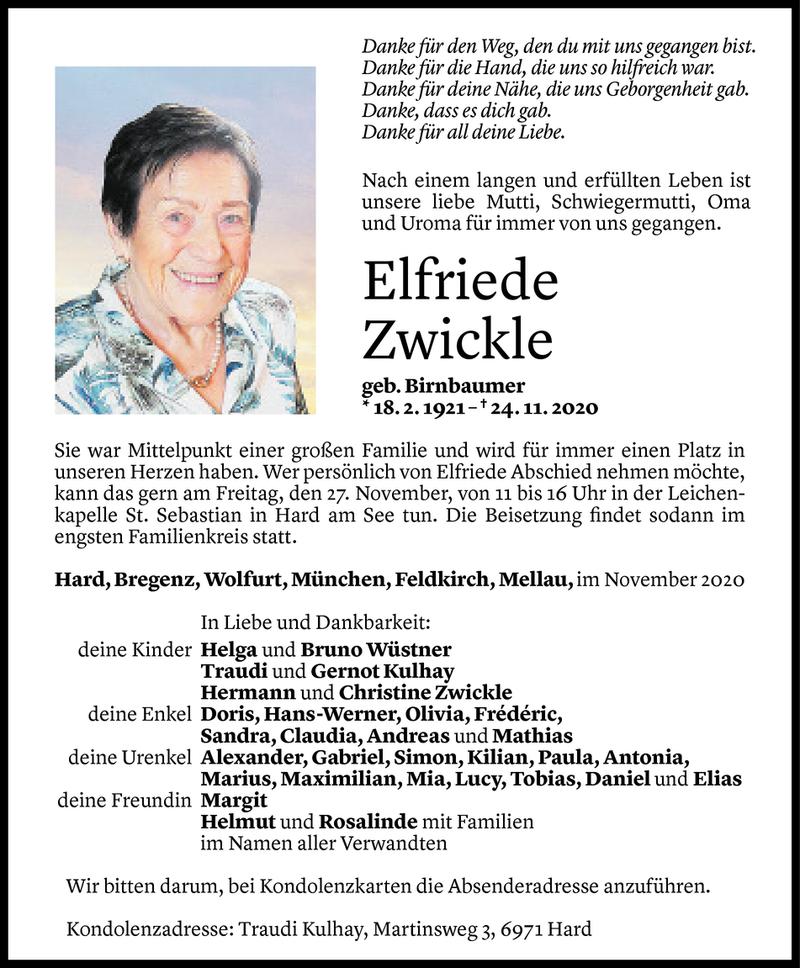  Todesanzeige für Elfriede Zwickle vom 25.11.2020 aus Vorarlberger Nachrichten