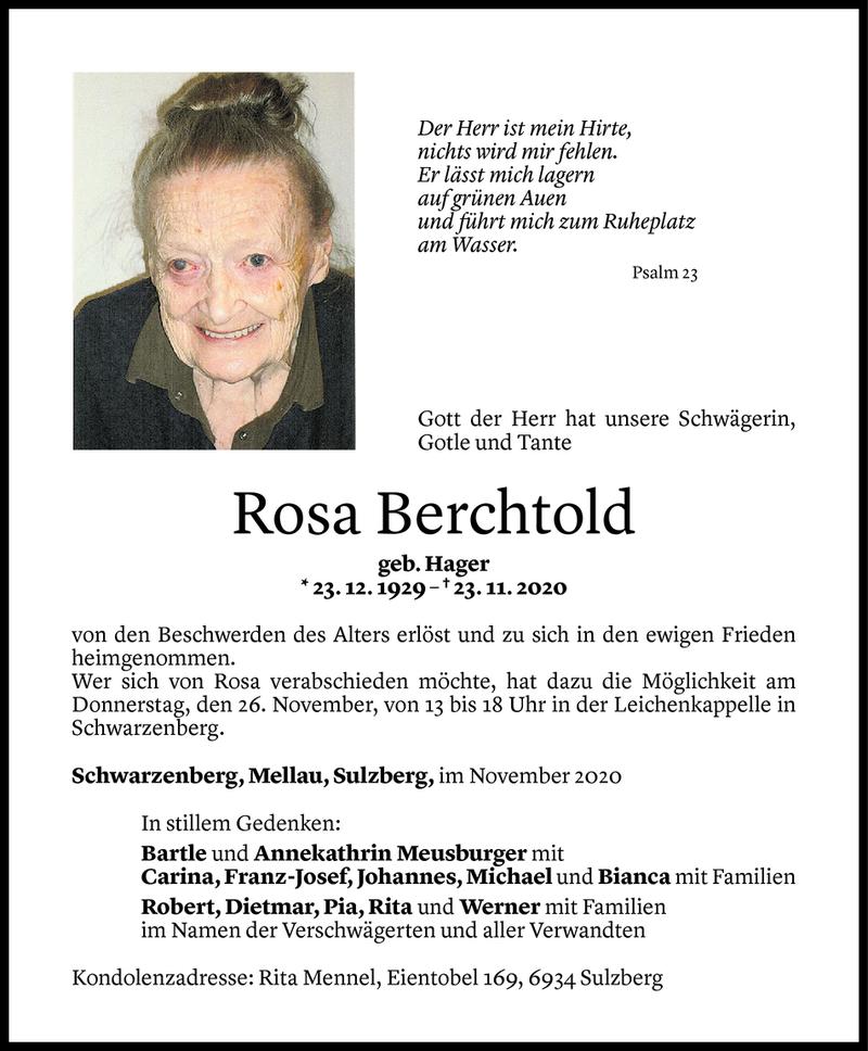  Todesanzeige für Rosa Berchtold vom 25.11.2020 aus Vorarlberger Nachrichten