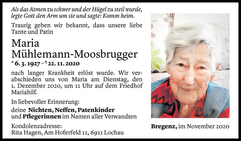  Todesanzeige für Maria Mühlemann-Moosbrugger vom 27.11.2020 aus Vorarlberger Nachrichten