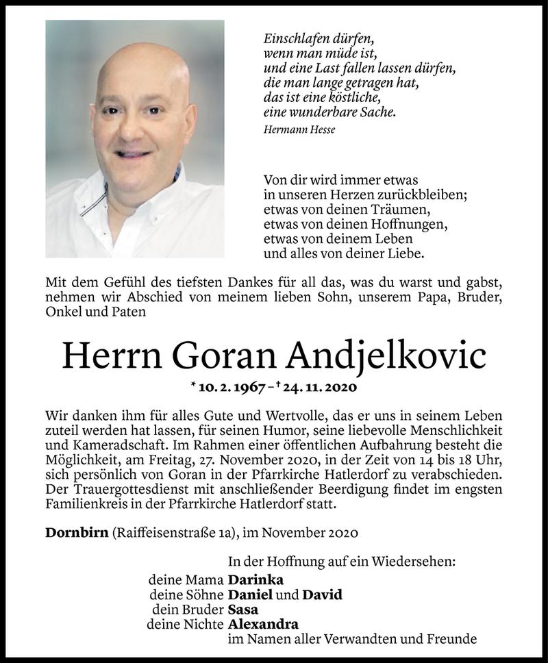  Todesanzeige für Goran Andjelkovic vom 25.11.2020 aus Vorarlberger Nachrichten