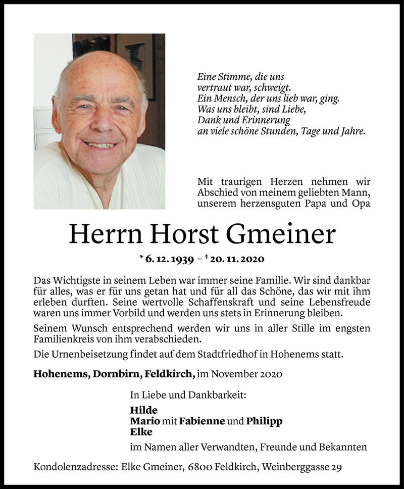  Todesanzeige für Horst Gmeiner vom 28.11.2020 aus Vorarlberger Nachrichten