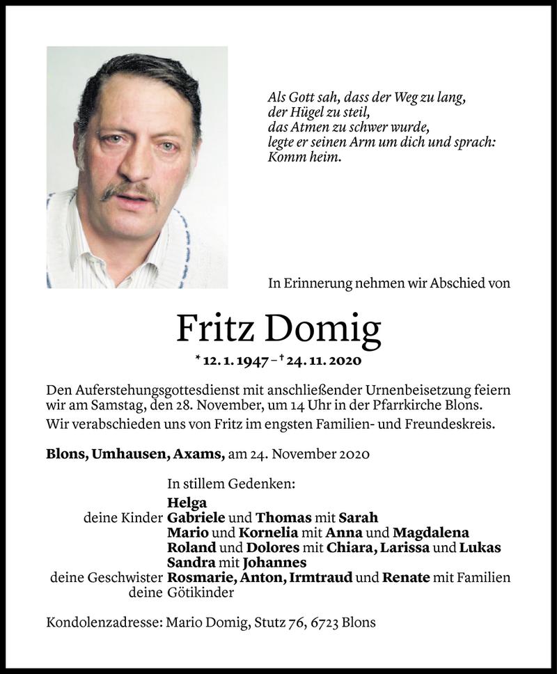  Todesanzeige für Fritz Domig vom 27.11.2020 aus Vorarlberger Nachrichten