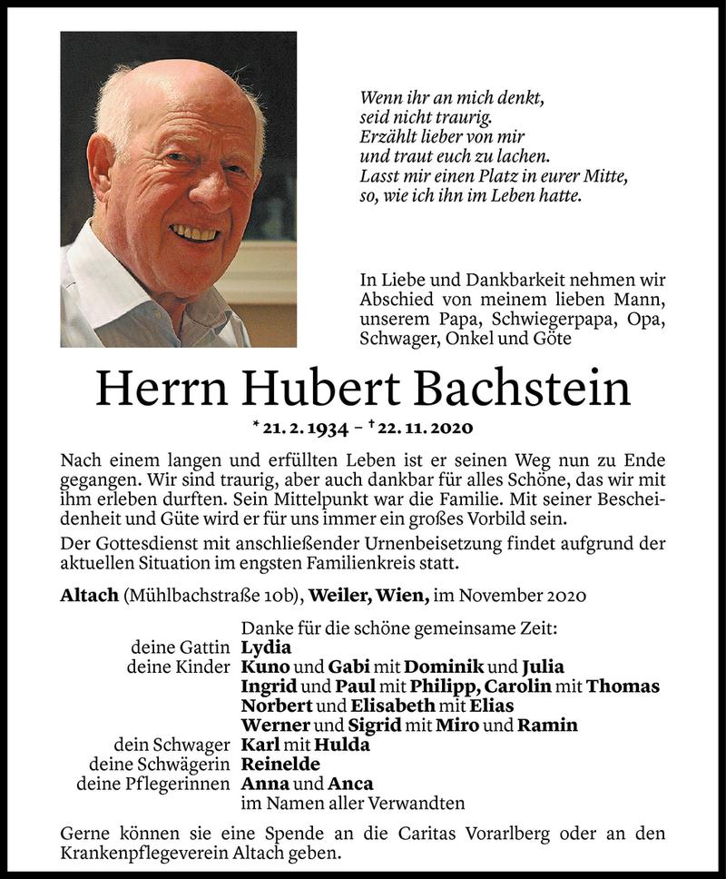  Todesanzeige für Hubert Bachstein vom 28.11.2020 aus Vorarlberger Nachrichten