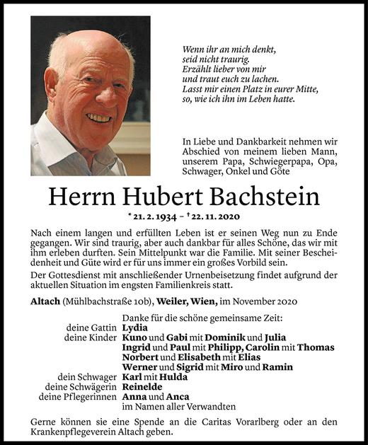 Todesanzeige von Hubert Bachstein von Vorarlberger Nachrichten