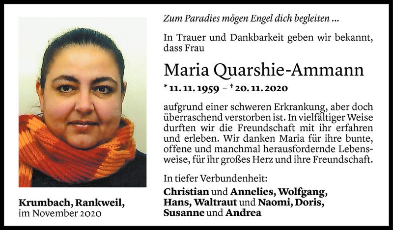  Todesanzeige für Maria Quarschie-Ammann vom 28.11.2020 aus Vorarlberger Nachrichten