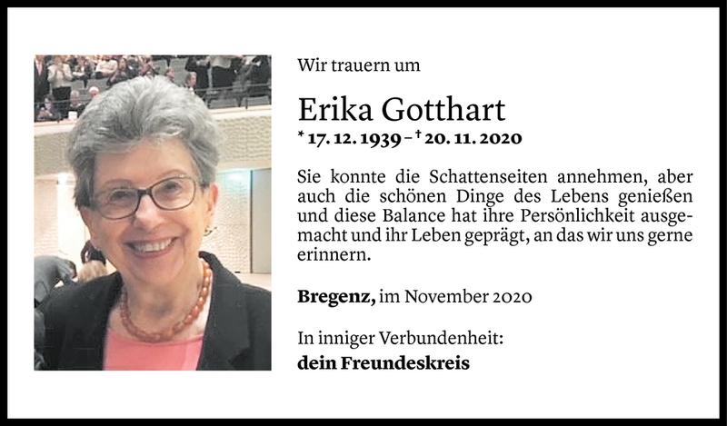  Todesanzeige für Erika Gotthart vom 28.11.2020 aus Vorarlberger Nachrichten