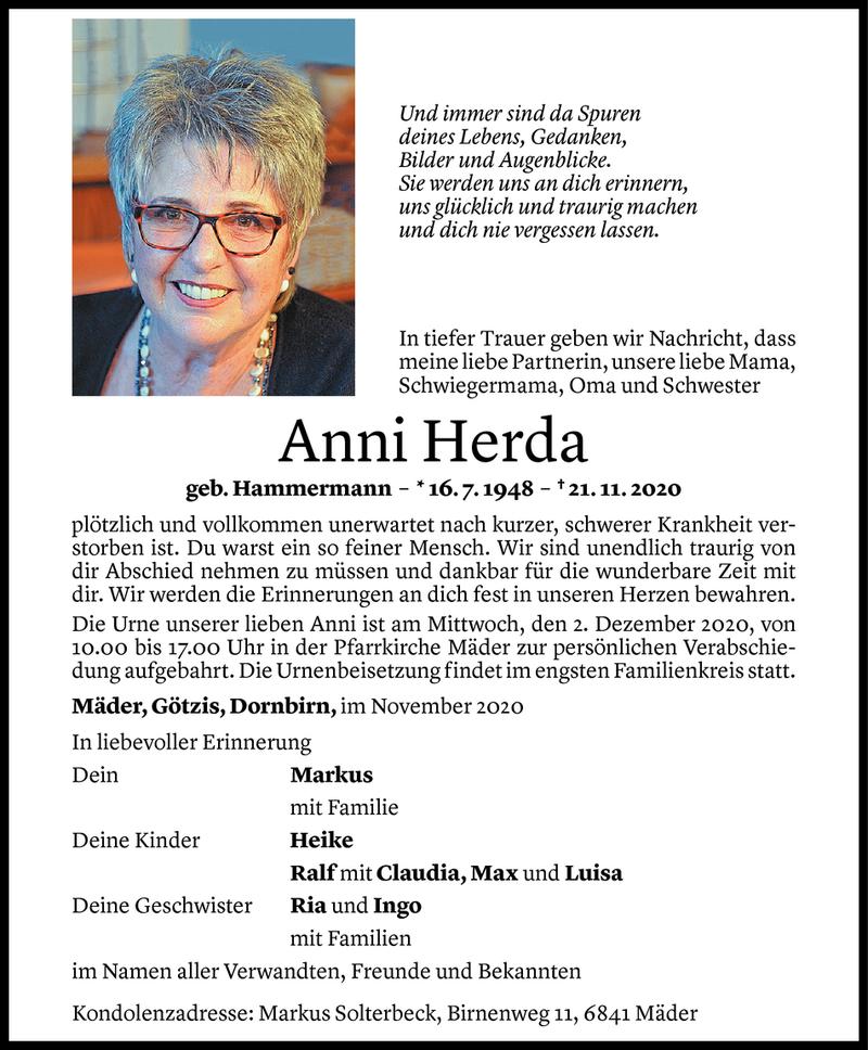  Todesanzeige für Anni Herda vom 28.11.2020 aus Vorarlberger Nachrichten