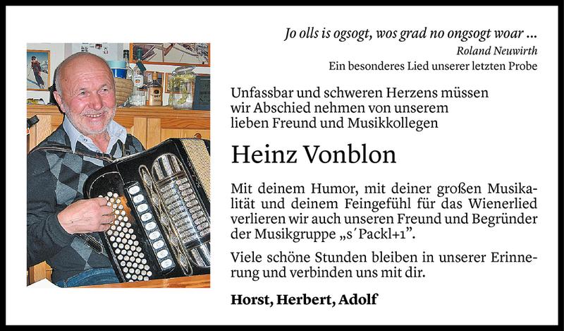  Todesanzeige für Heinz Vonblon vom 28.11.2020 aus Vorarlberger Nachrichten