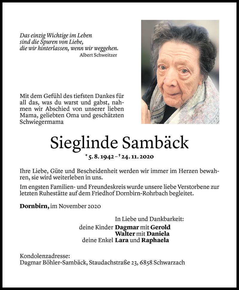  Todesanzeige für Sieglinde Sambäck vom 28.11.2020 aus Vorarlberger Nachrichten