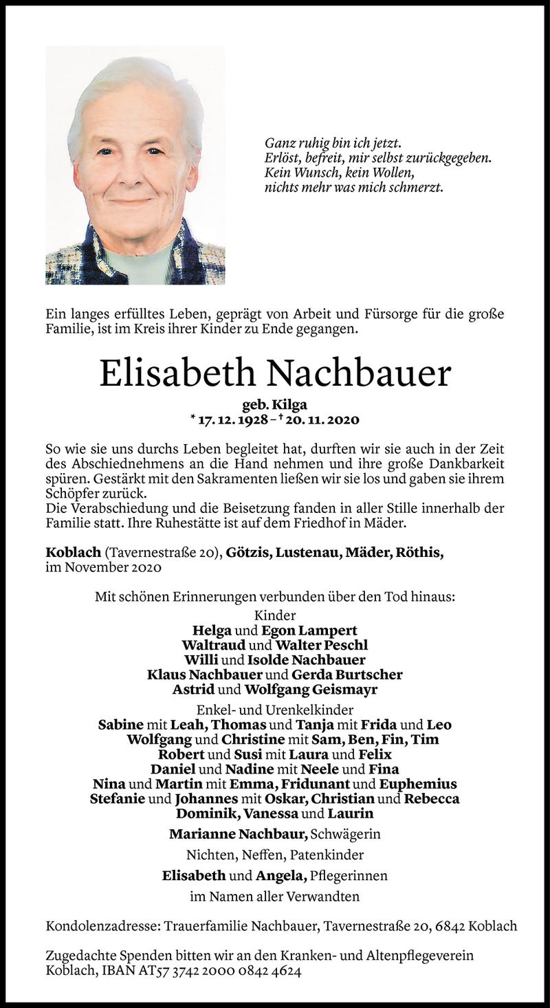  Todesanzeige für Elisabeth Nachbauer vom 30.11.2020 aus Vorarlberger Nachrichten